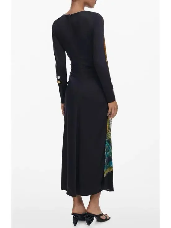 New Desigual Mix Print Long Sleeve Midi Dress In Black Size S $169 - Picture 2 of 9